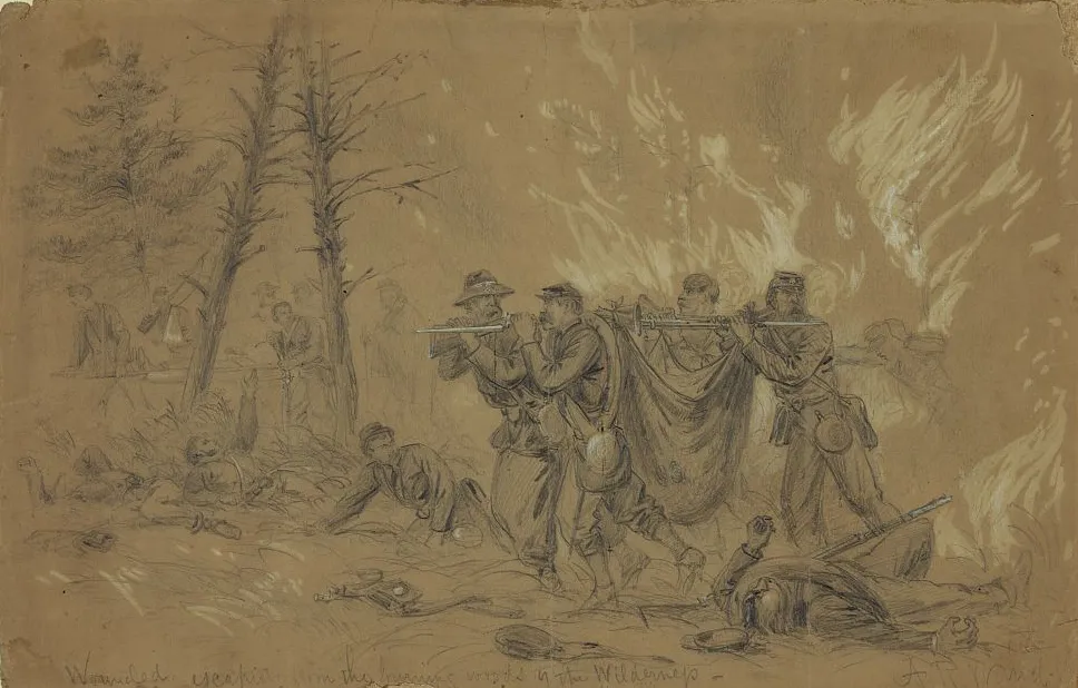 Illustration of the wounded escaping from the burning woods of the Wilderness